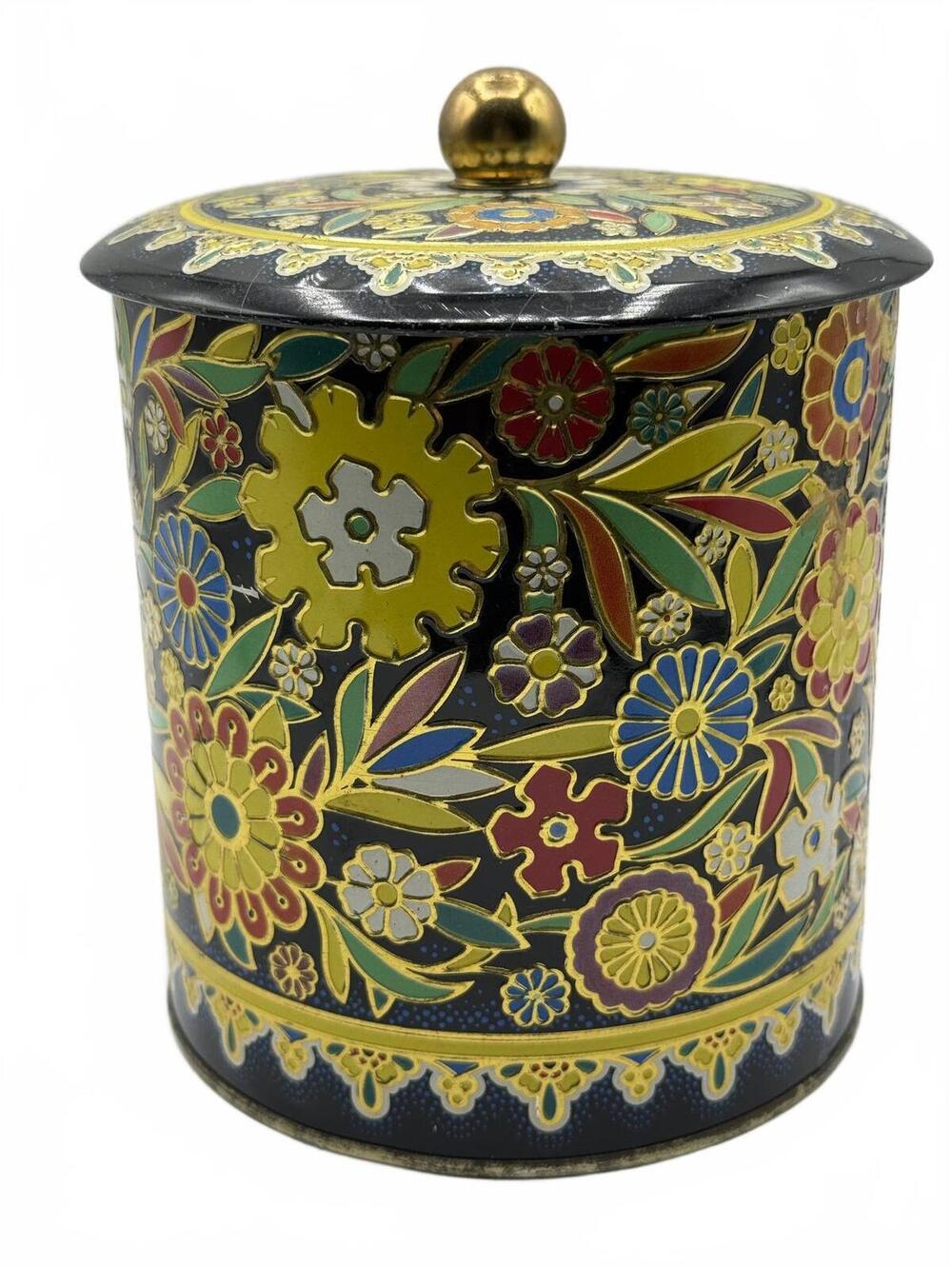Vintage Daher Cloisonne Print Floral Enamel Brass Decorative Container with Lid